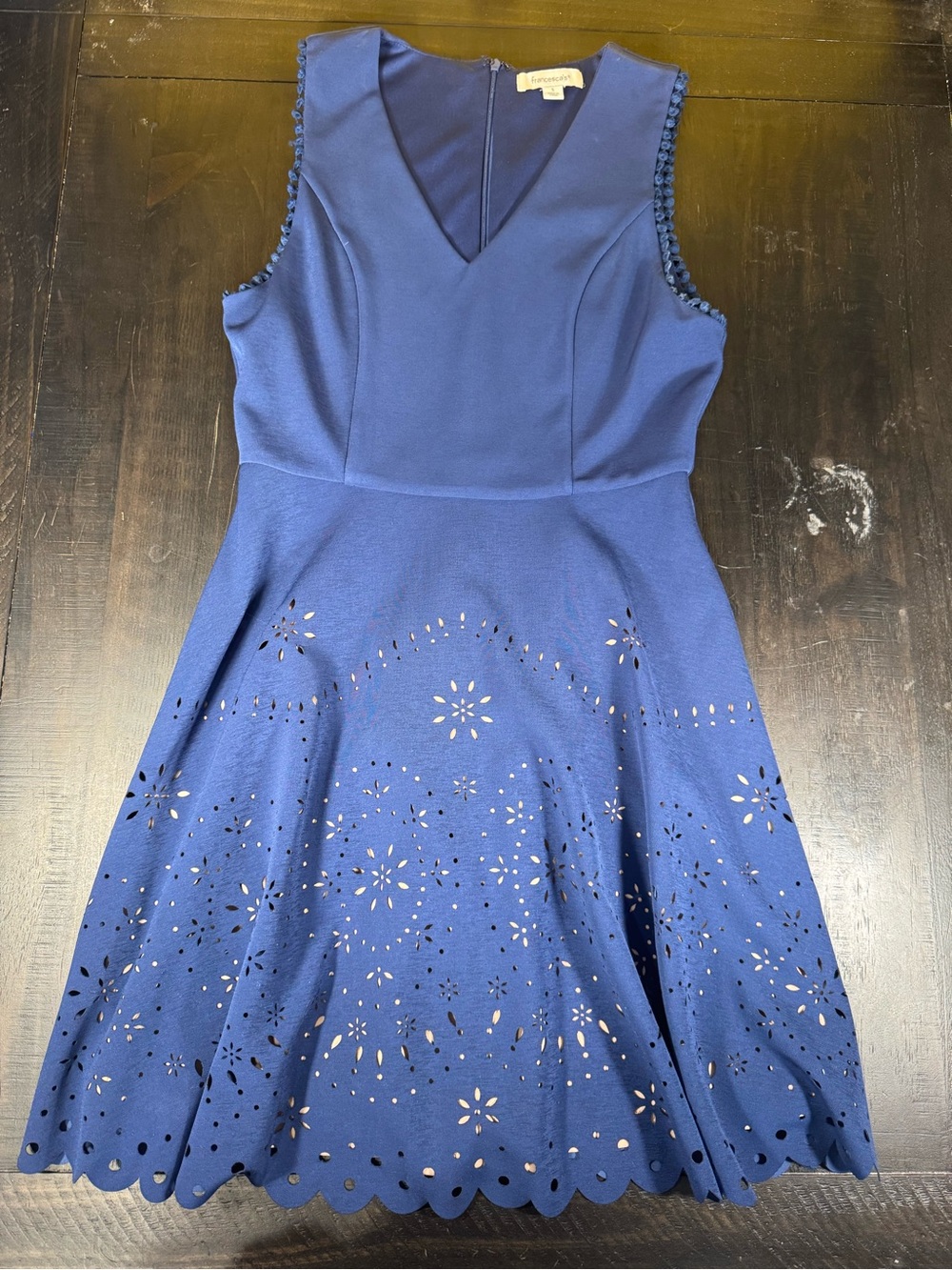 Francesca's Blue Laser Cut Out Scalloped Hem V-Neck Skater Dress Small